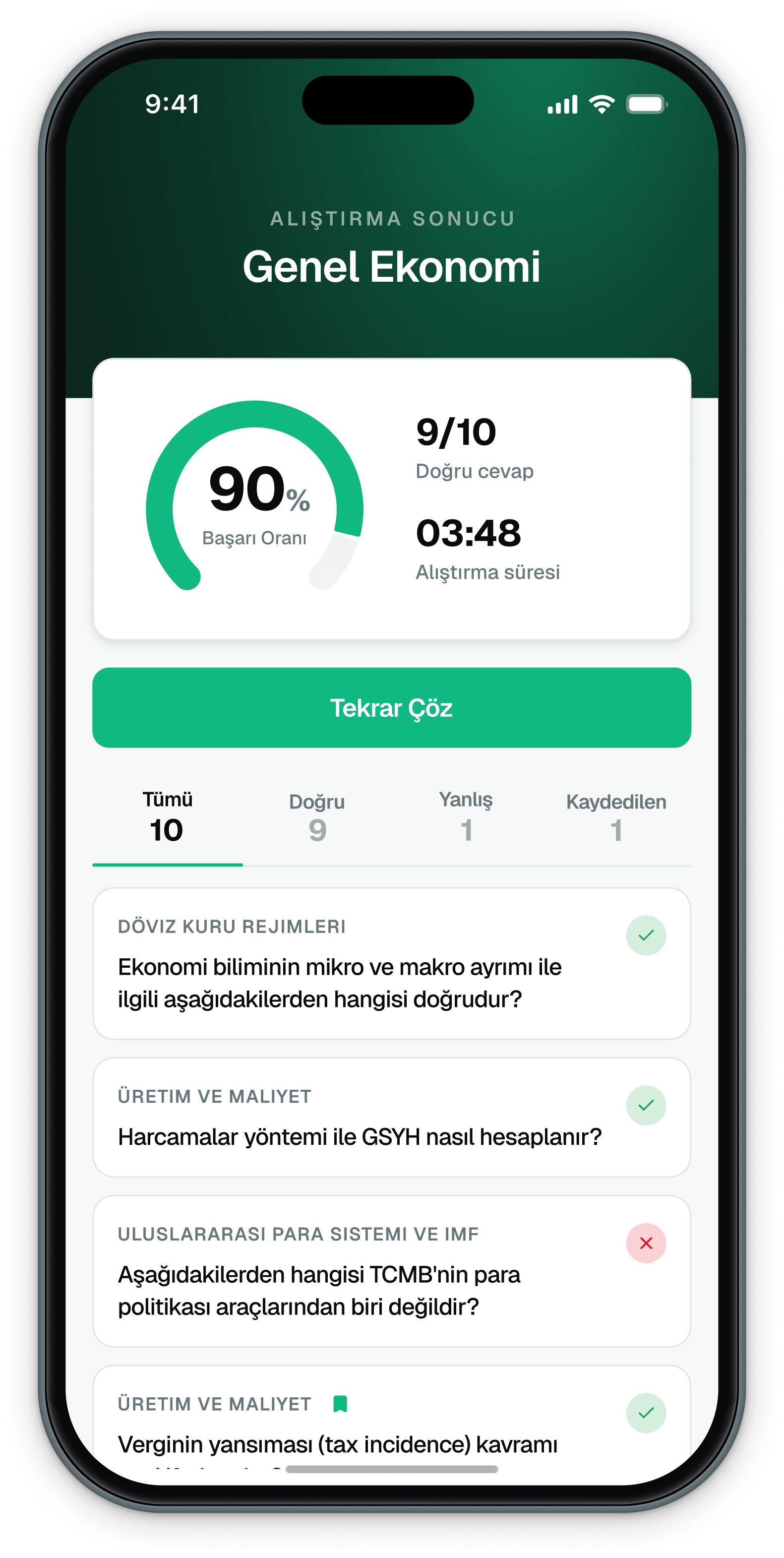 Alıştırma sonucu ekranı — başarı oranı