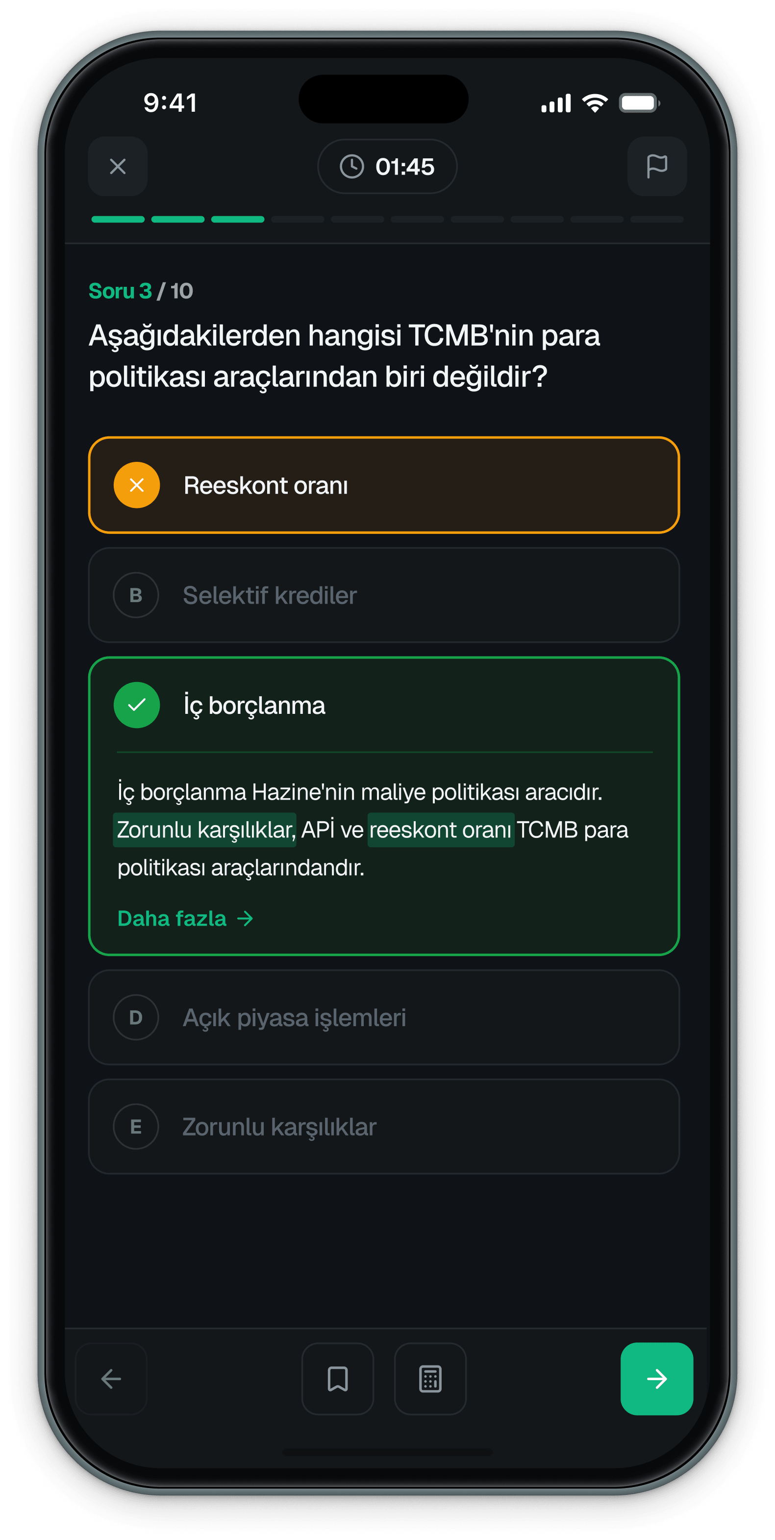 Soru çözüm ekranı — doğru cevap geri bildirimi
